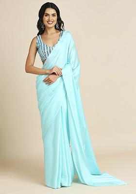 Sky Blue Sequin Embroidered Soft Silk Saree Set