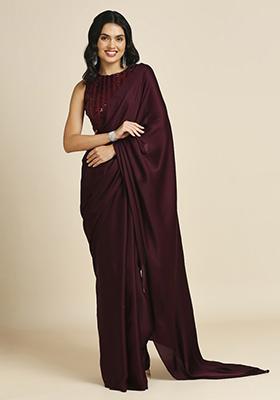 Wine Sequin Embroidered Soft Silk Saree Set