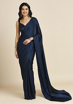 Dark Blue Sequin Embroidered Soft Silk Saree Set