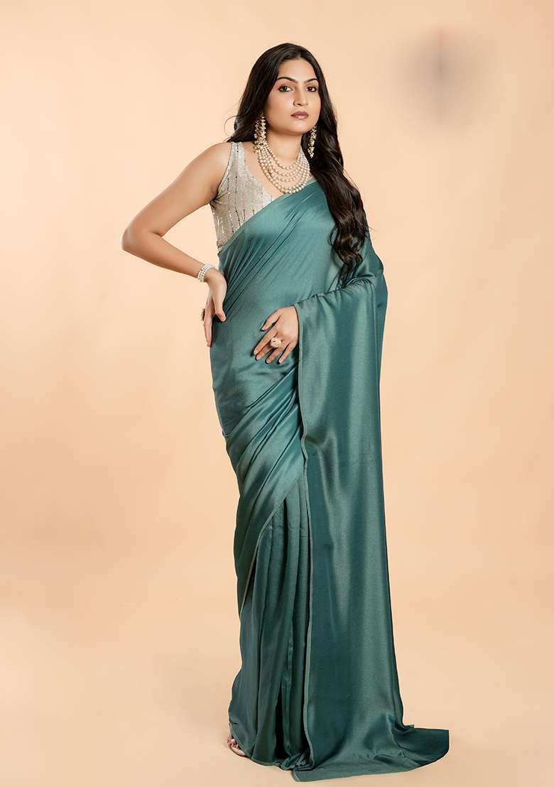 Blue Solid Burfi Silk Saree Set - Indya