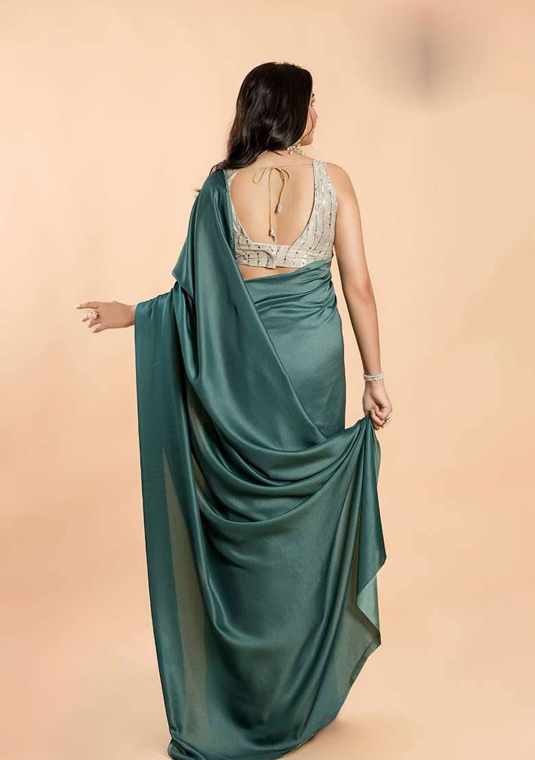 Blue Solid Burfi Silk Saree Set - Indya