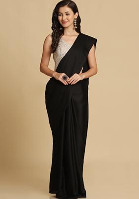 Black Solid Burfi Silk Saree Set