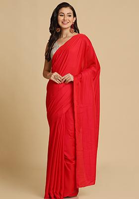 Red Solid Burfi Silk Saree Set