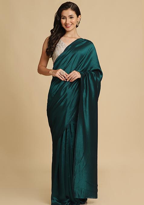 Teal Solid Burfi Silk Saree Set