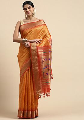 Orange Zari Woven Paithani Silk Saree Set