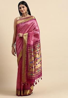 Rani Pink Zari Woven Paithani Silk Saree Set
