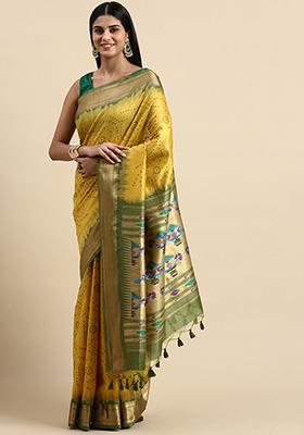 Yellow Zari Woven Paithani Silk Saree Set