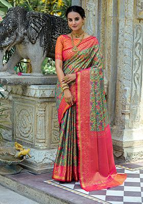 Rani Pink Zari Woven Kanjivaram Silk Saree Set