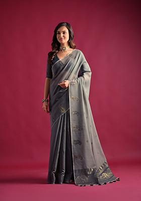 Grey Woven Mul Cotton Saree Set