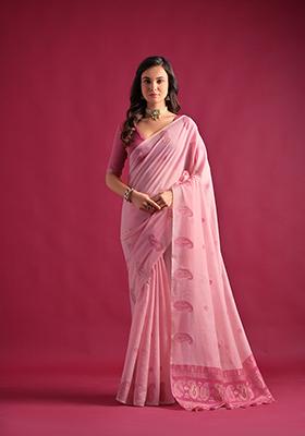 Pink Woven Mul Cotton Saree Set
