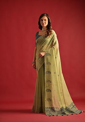 Pista Green Woven Mul Cotton Saree Set