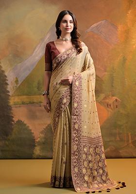 Cream Thread Work Woven Muga Cotton Saree Set