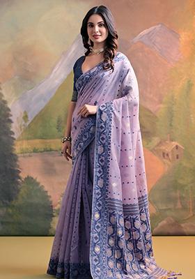 Lavender Thread Work Woven Muga Cotton Saree Set
