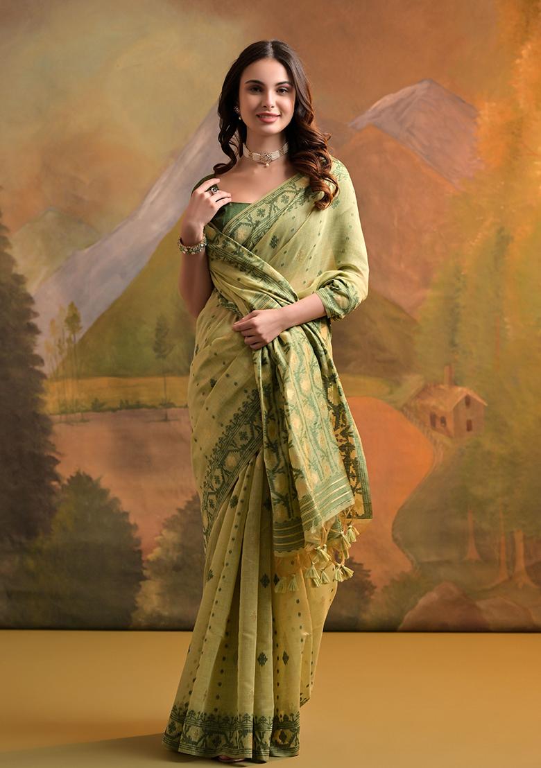 Pista Green Thread Work Woven Muga Cotton Saree Set