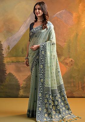 Sea Green Thread Work Woven Muga Cotton Saree Set