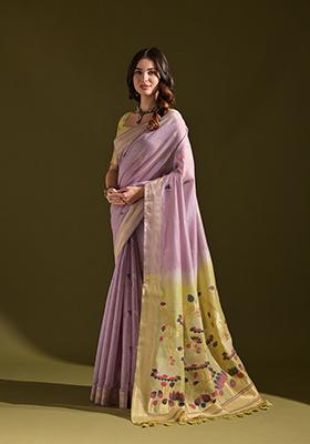 Lavender Woven Floral Embroidered Muga Cotton Saree Set