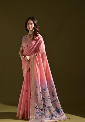 Pink Woven Floral Embroidered Muga Cotton Saree Set