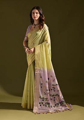 Pista Green Woven Floral Embroidered Muga Cotton Saree Set