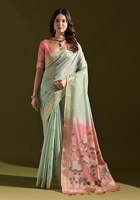 Sea Green Woven Floral Embroidered Muga Cotton Saree Set
