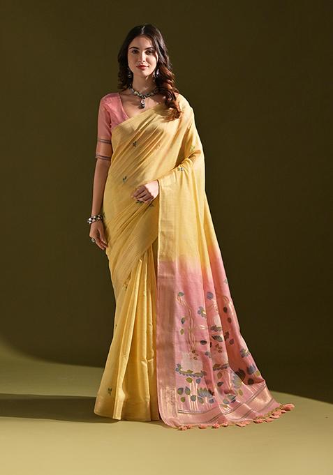 Yellow Woven Floral Embroidered Muga Cotton Saree Set