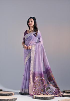 Lavender Thread Work Woven Muga Cotton Saree Set