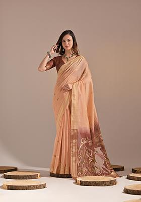 Peach Thread Work Woven Muga Cotton Saree Set