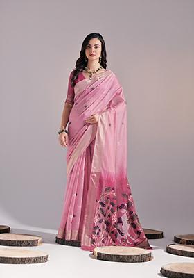 Pink Thread Work Woven Muga Cotton Saree Set