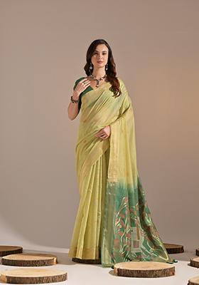 Pista Green Thread Work Woven Muga Cotton Saree Set