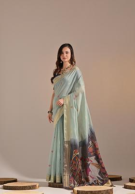 Sea Green Thread Work Woven Muga Cotton Saree Set