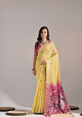 Yellow Thread Work Woven Muga Cotton Saree Set