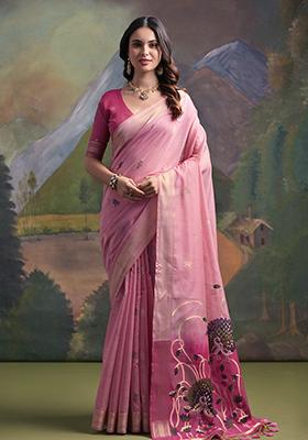 Pink Thread Work Woven Muga Cotton Saree Set
