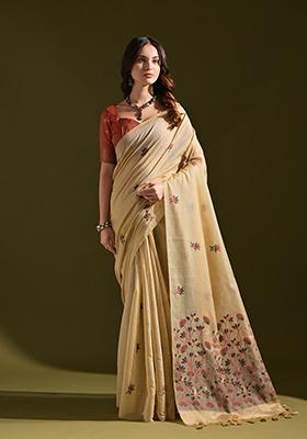 Cream Thread Work Woven Muga Cotton Saree Set