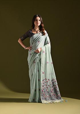 Firozi Thread Work Woven Muga Cotton Saree Set