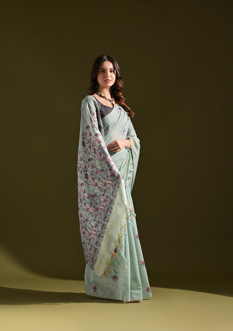 Firozi Thread Work Woven Muga Cotton Saree Set