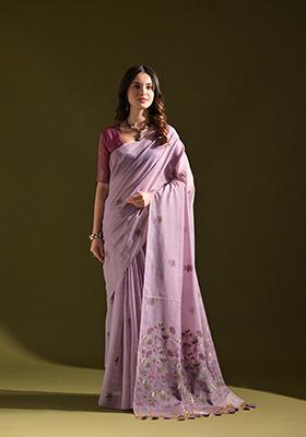 Lavender Thread Work Woven Muga Cotton Saree Set