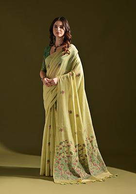 Pista Green Thread Work Woven Muga Cotton Saree Set