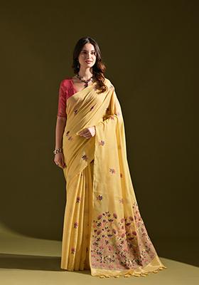 Yellow Thread Work Woven Muga Cotton Saree Set
