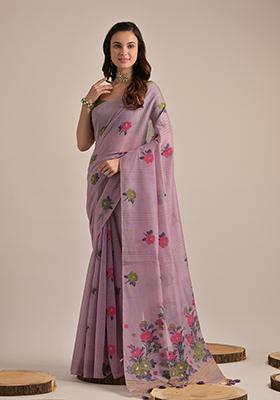 Lavender Thread Work Woven Muga Cotton Saree Set