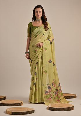 Pista Green Thread Work Woven Muga Cotton Saree Set