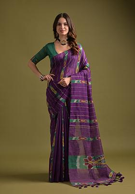 Wine Printed Soft Ikkat Cotton Saree Set