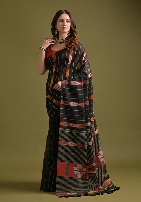 Black Printed Soft Ikkat Cotton Saree Set