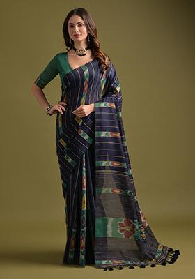 Blue Printed Soft Ikkat Cotton Saree Set