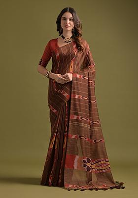 Coffee Brown Printed Soft Ikkat Cotton Saree Set