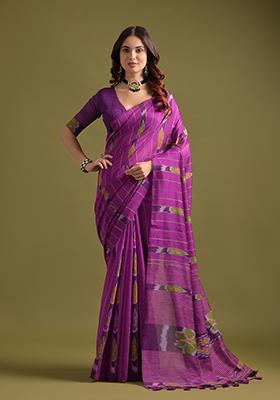Pink Printed Soft Ikkat Cotton Saree Set