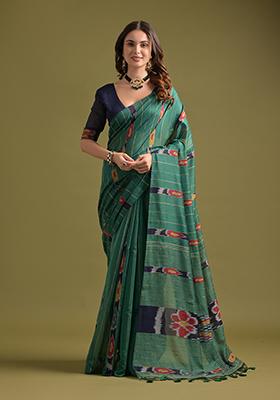 Rama Green Printed Soft Ikkat Cotton Saree Set