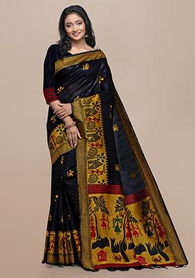 Black Kalamkari Woven Raw Silk Saree Set