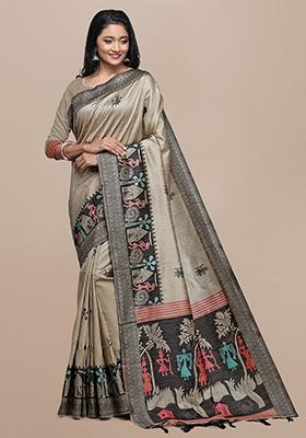 Chiku Brown Kalamkari Woven Raw Silk Saree Set