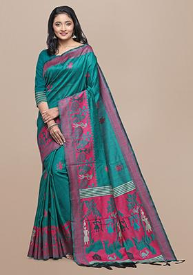 Rama Green Kalamkari Woven Raw Silk Saree Set