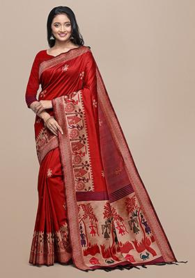 Red Kalamkari Woven Raw Silk Saree Set