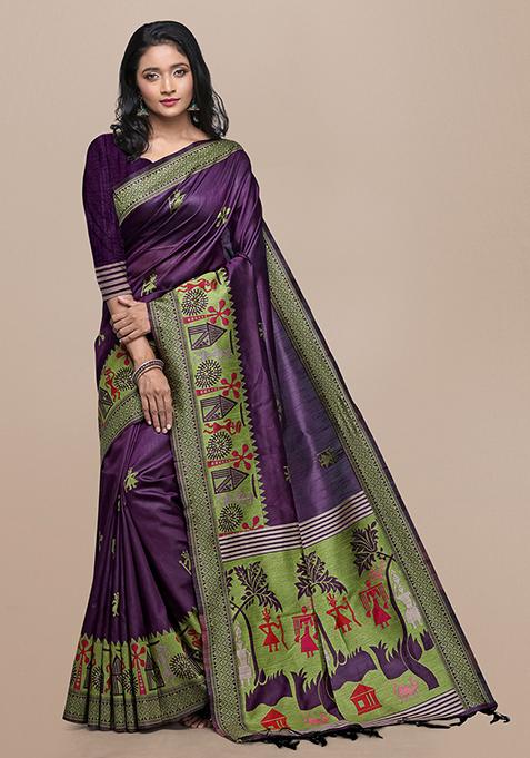 Wine Kalamkari Woven Raw Silk Saree Set